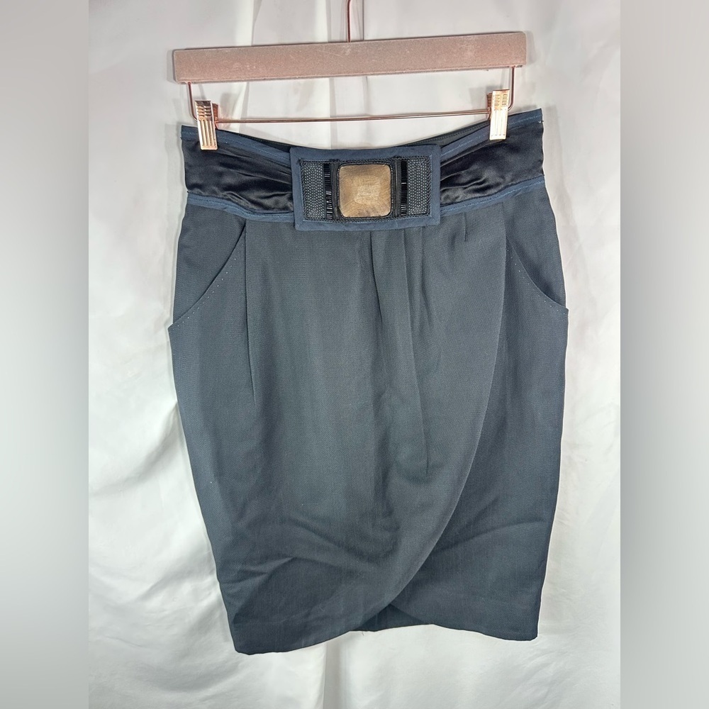 Hanii Y navy tulip midi skirt with wood waist detail size 46 - Picture 2 of 7